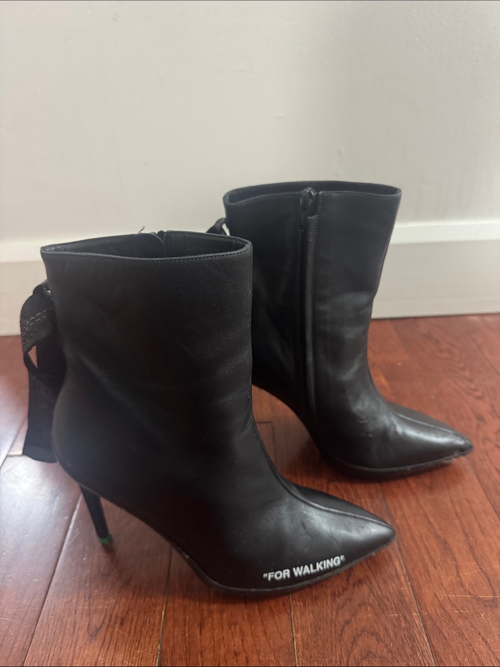 Off-White Black Pointed Leather Ankle Boots with 'FOR WALKING' Text